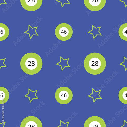 Bingo pattern with green balls and stars on the blue background. Seamless vector ornament for banners, posters, packets, covers, tickets