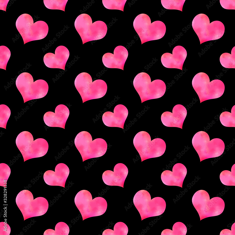 Romantic pattern with pink watercolor hearts on the black background. Seamless ornament for packaging, wrapping paper, scrapbook, textile