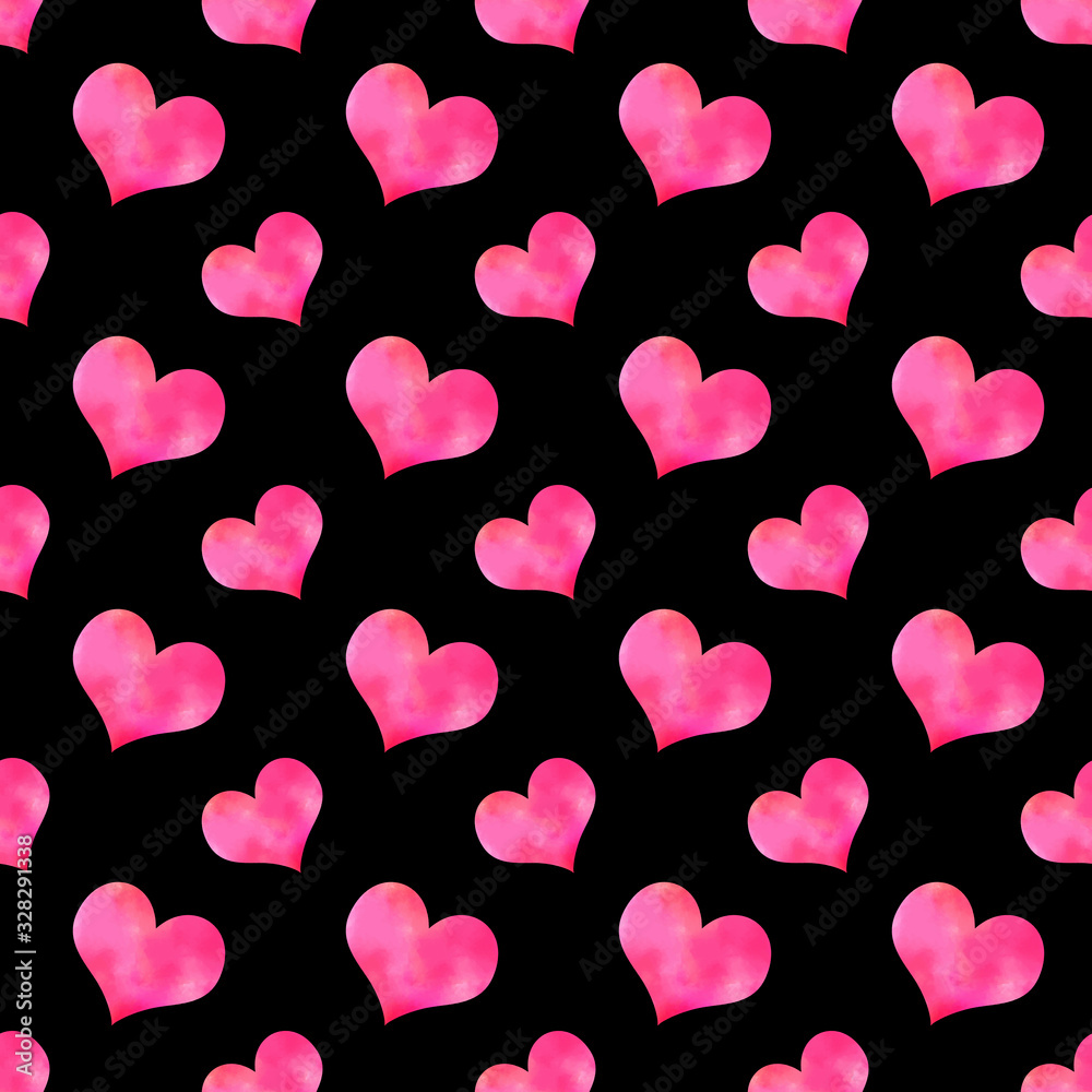 Romantic pattern with pink watercolor hearts on the black background. Seamless ornament for packaging, wrapping paper, scrapbook, textile Romantic pattern with pink watercolor hearts on the black background. Seamless ornament for packaging, wrapping paper, scrapbook, textile