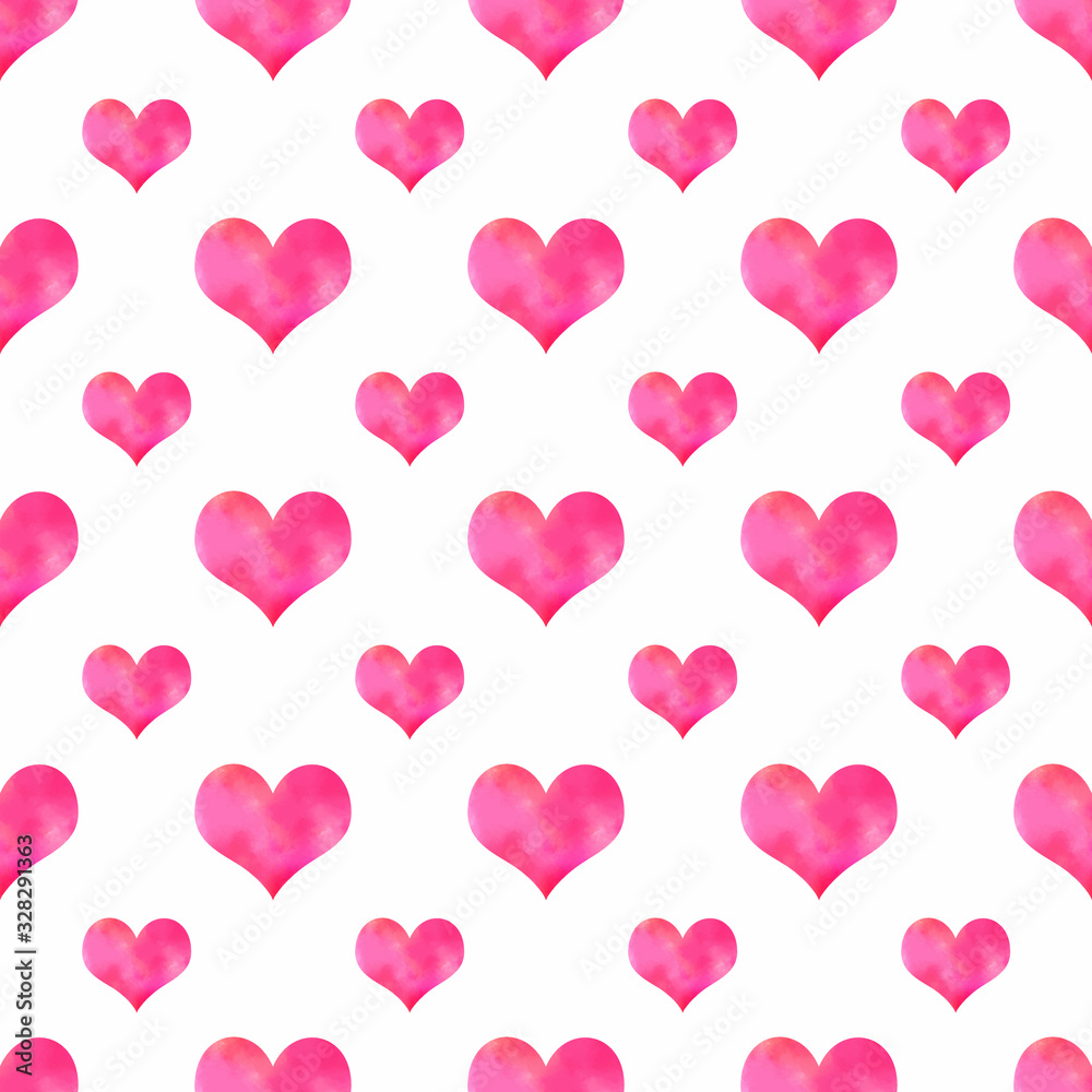 Cute seamless pattern with bright magenta watercolor hearts on the white background. Sweet ornament for packaging, wrapping paper, scrapbook, banner, textile