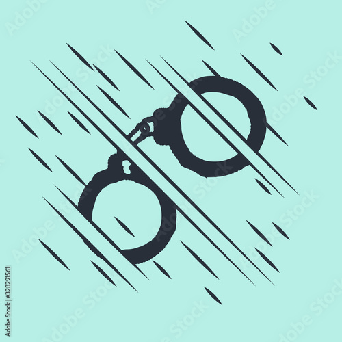 Black Handcuffs icon isolated on green background. Glitch style. Vector Illustration