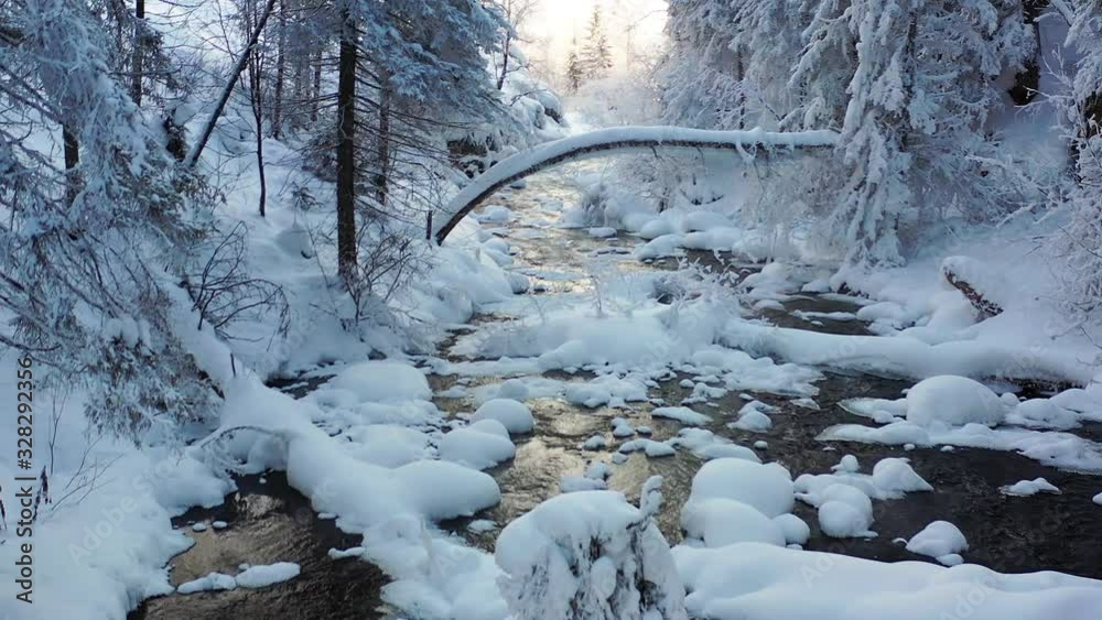 Aerial Video of frozen forest river Pescherka near waterfall in winter season Aerial Video of frozen forest river Pescherka near waterfall in winter season