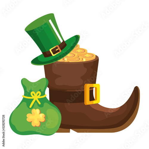 leprechaun boot with top hat and bag coins vector illustration designicon