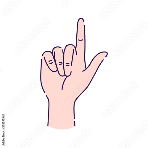 Hand showing one count line icon. Make the index finger up gesture. Pictogram for web page, mobile app, promo. UI UX GUI design element. Editable stroke.