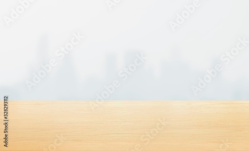 Empty wooden and table on white cityscape background product display, Ready for product montage