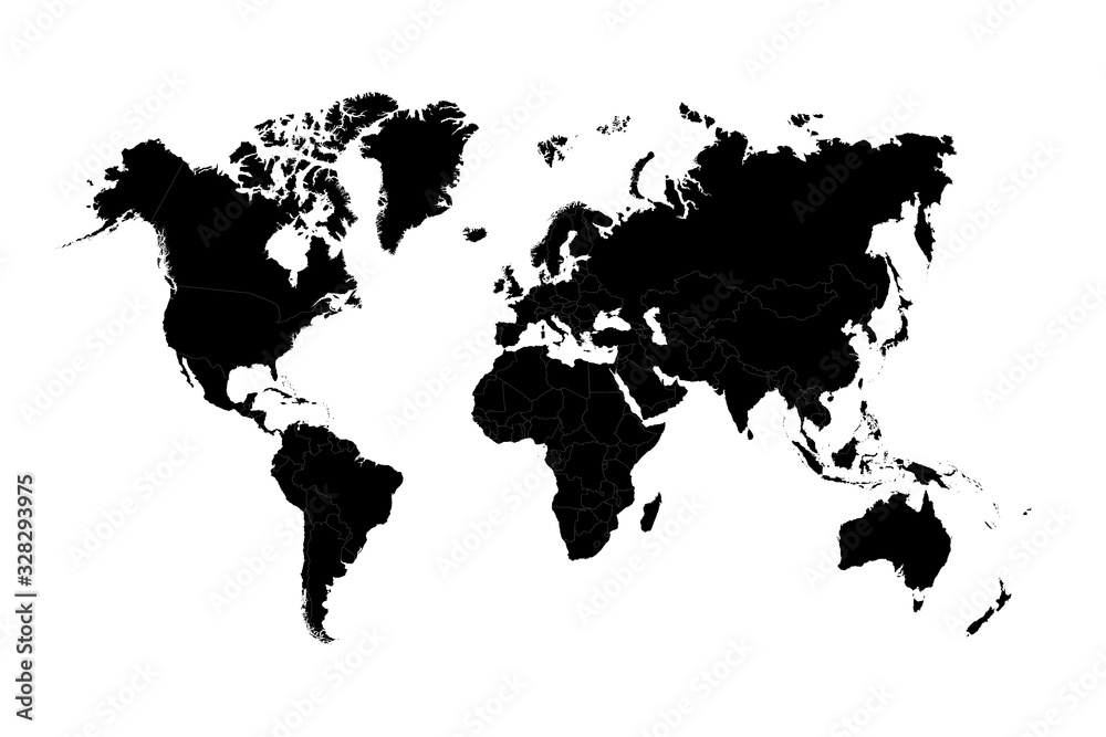 World political map vector, isolated on white background. Black map template, flat earth.  Simplified, generalized world map with round corners.