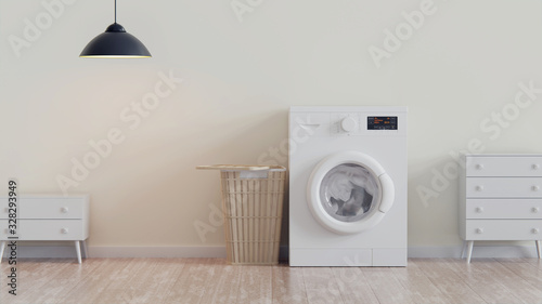 Modern washing machine, laundry in baskets and domestic room interior. Light, cabinet, crema.