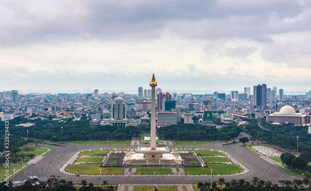 Jakarta, Indonesia - 19th February 2019: Aerial view of Tugu Monas ...