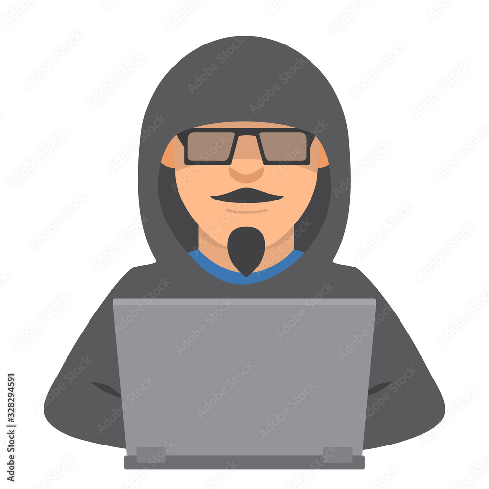 Computer hacker with laptop.Criminal steals information.Cartoon character is stealing from a internet.Vector flat illustration. Computer hacker with laptop.Criminal steals information.Cartoon character is stealing from a internet.Vector flat illustration.