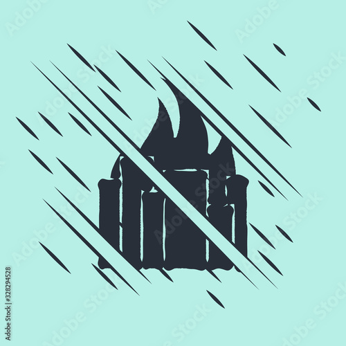Black Fire in burning buildings on city street icon isolated on green background. Destroyed city on fire. Glitch style. Vector Illustration