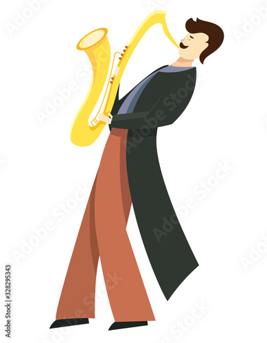 Jazz musician playing on saxophone. Vector illustration in flat style isolated on white background.
