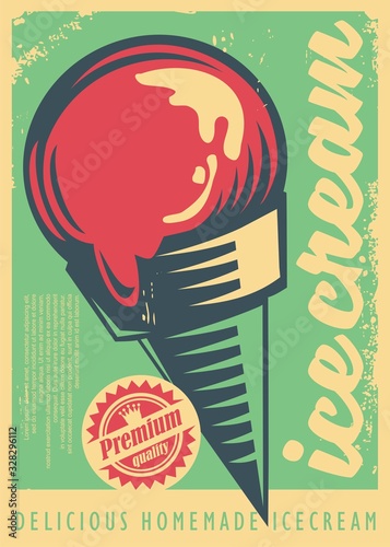 Ice cream retro poster design. Comic style vintage ice cream banner. Delicious homemade ice cream vintage vector flyer template.