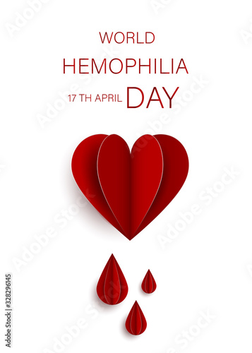 World Hemophilia Day card 17 april. Paper art vector illustration contains red bleeding heart on red background. Medical concept in the care of patients with hemophilia