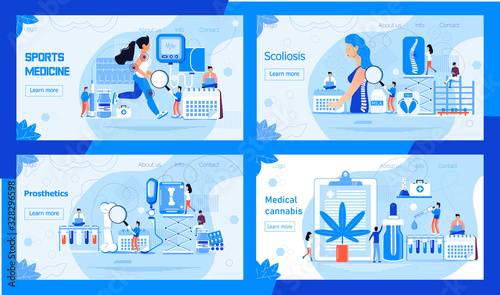 Scoliosis concept vector. Vertebral osteochondrosis, osteoporosis illustration. Advantages of medical marijuana, cannabinoids medicinal drugs. Sports medicine homepage.
