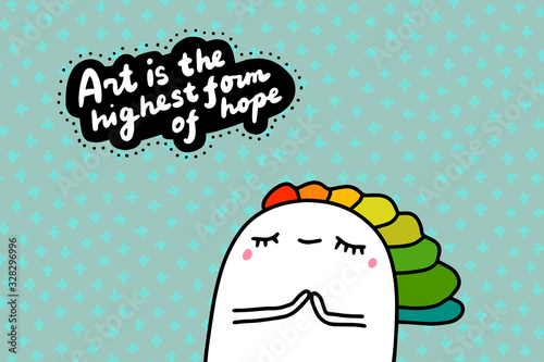 Art is the hightest form of hope hand drawn vector illustration in cartoon comic style man praying rainbow hair
