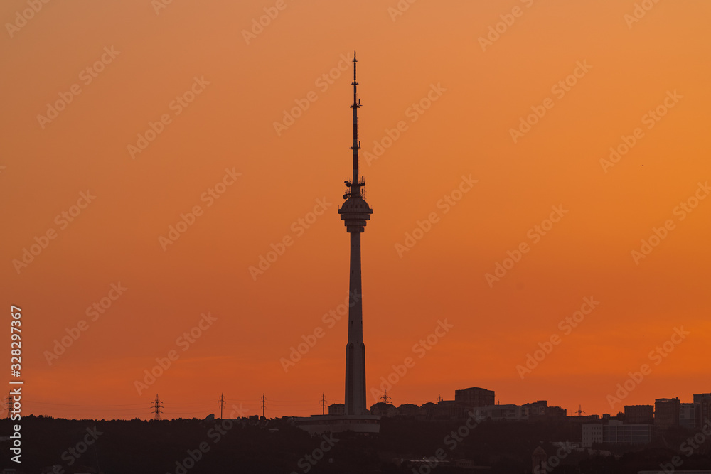 TV tower in Baku city at sunset