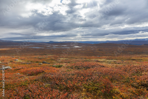 Sarek National Park in Lapland view from the mountain, autumn, Sweden, selective focus