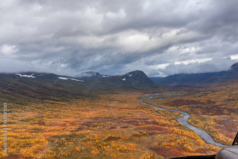 Sarek National Park in Lapland from the sky, selective focus