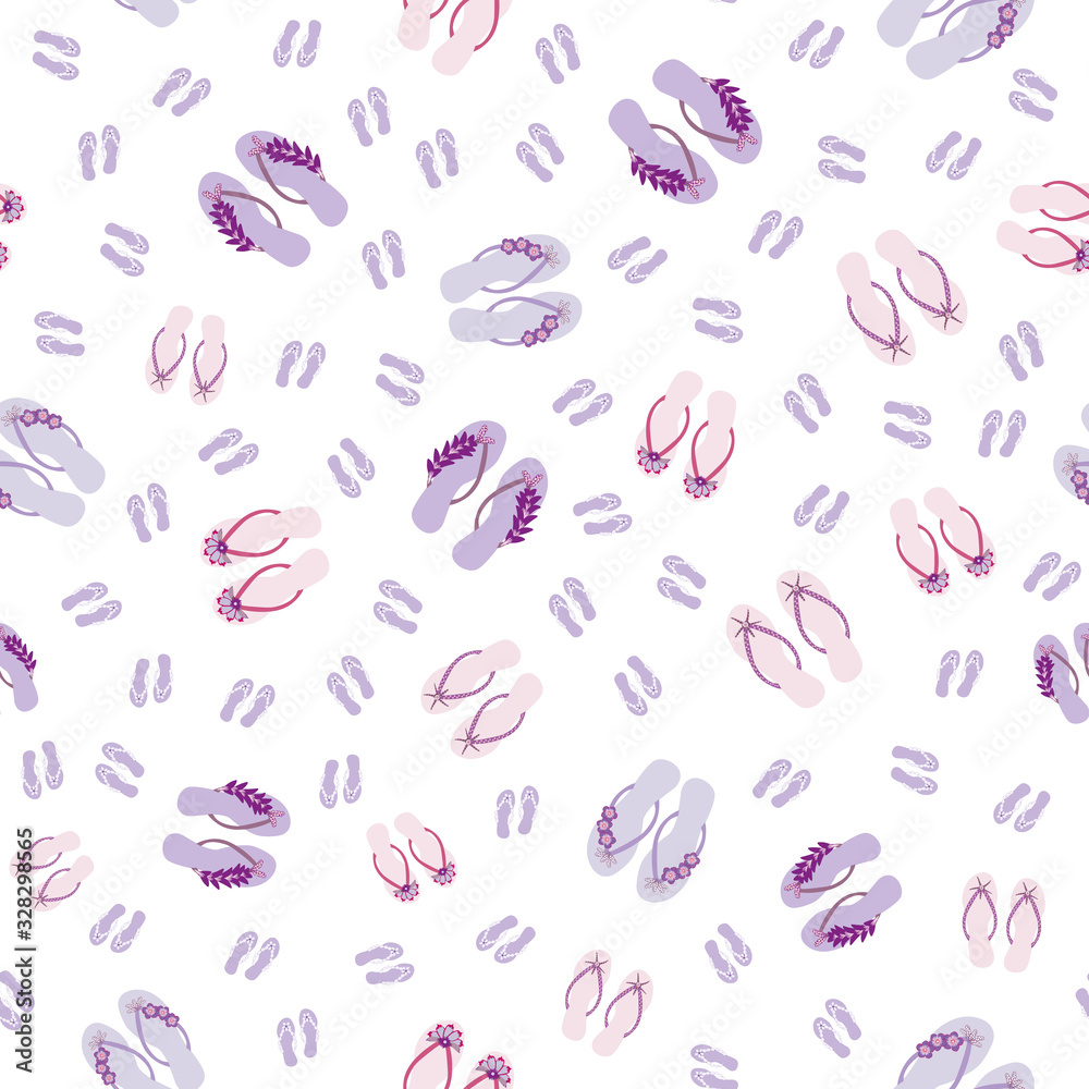 Flip flop shoe on seamless vector pattern background. Elegant sandals with tropical decorations oceanside backdrop. Pastel pink purple shades. Summer all over print for beach wedding resort concept. Flip flop shoe on seamless vector pattern background. Elegant sandals with tropical decorations oceanside backdrop. Pastel pink purple shades. Summer all over print for beach wedding resort concept.