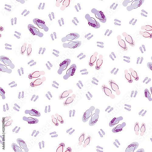 Flip flop shoe on seamless vector pattern background. Elegant sandals with tropical decorations oceanside backdrop. Pastel pink purple shades. Summer all over print for beach wedding resort concept.