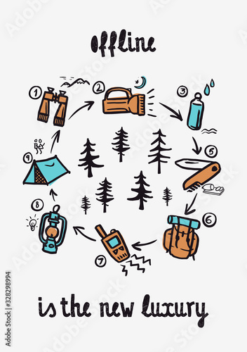 Offline is the new luxury - Lettering inspiring typography poster with text, camping and hiking elements. Hand letter script motivation sign catch word art design. Doodle style vector illustration.