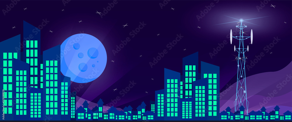 Plakat Night city background. Buildings and big moon. 5G tower transmitter. Vector stock illustration eps10.