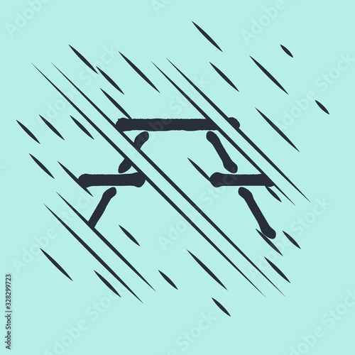 Black Picnic table with benches on either side of the table icon isolated on green background. Glitch style. Vector Illustration