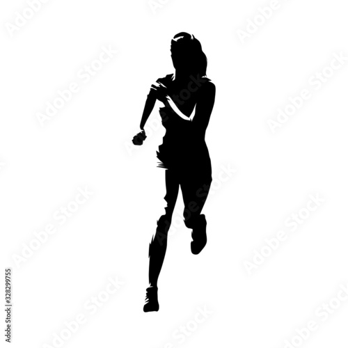 Running woman, abstract isolated vector silhouette. Ink drawing, front view