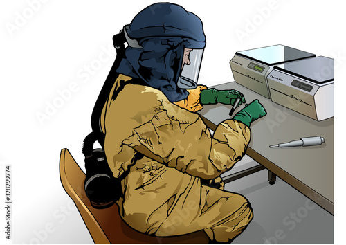 Medical Virology Research Scientist Works in a Protective Suit with Mask - Colored Illustration, Vector