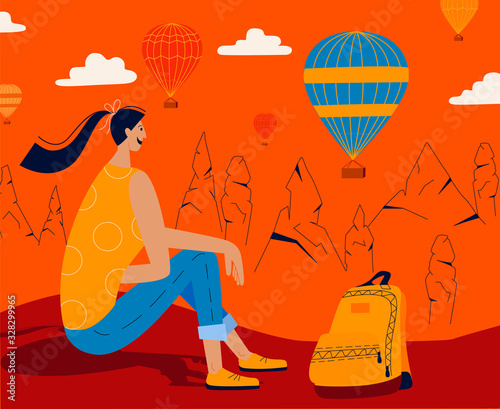 Bright travel illustration.Women traveler with backpack watching the hot air balloons at the hill of Goreme, Cappadocia, Turkey. Concept of discovery, exploration, hiking, adventure tourism and travel
