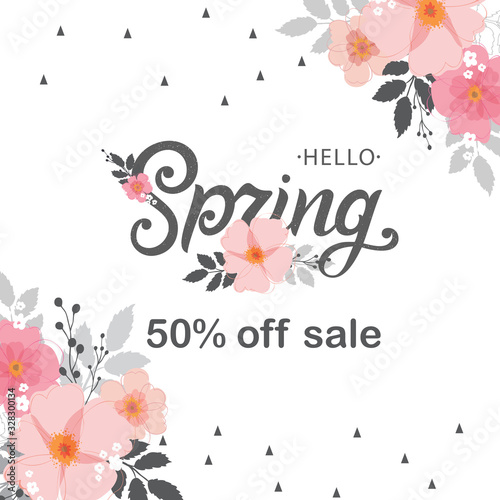 Hello Spring typography vector design for greeting cards and poster. Hand lettering text isolated on pink background. Design template celebration. Vector illustration.