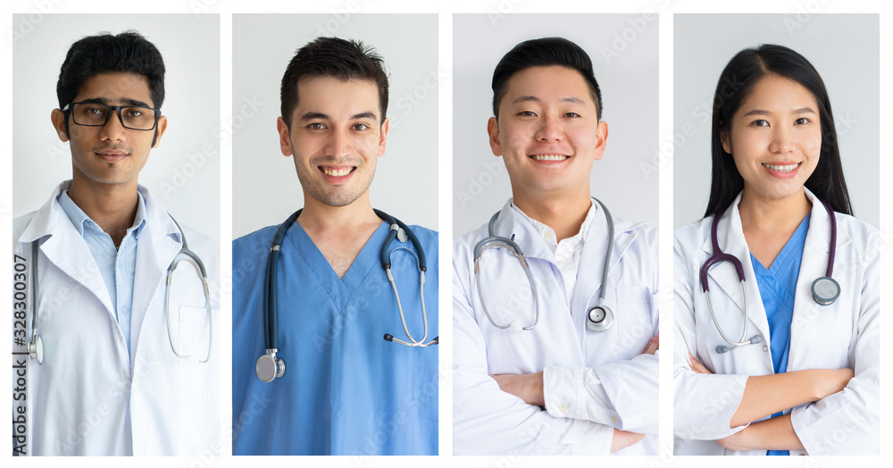 Fototapeta premium Happy male and female doctors. Collage of cheerful multiethnic doctors in white coats with stethoscopes standing and looking at camera. Medicine concept