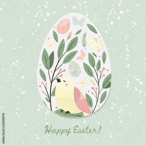 Happy easter design element. Egg with chick and flower, leaves, butterfly. Vector set
