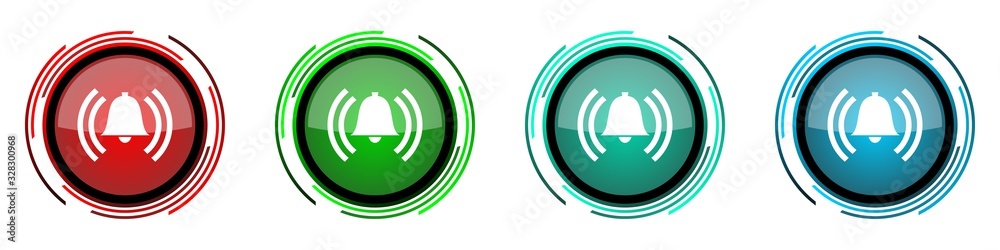 Alarm round glossy vector icons, set of buttons for webdesign, internet and mobile phone applications in four colors options isolated on white background