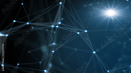 Technology network and communication with line and dot moving with transfer information data line and dot on blue background. Network background science concept.