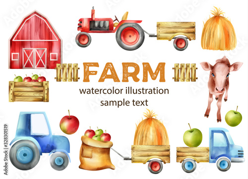 Watercolor farm vehicles and buildings set. Cow, tractor with tow, apples in wooden box, red farm and haystack