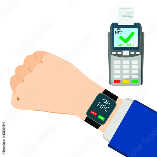 Vector illustration of functionality electronic intelligence wristwatch for payment. Human hand wearing smart watch to pay via wireless nfc terminal. Flat modern style. EPS 10