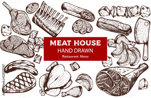 Line art meat set with sausage, steak, pork ribs and butcher knife