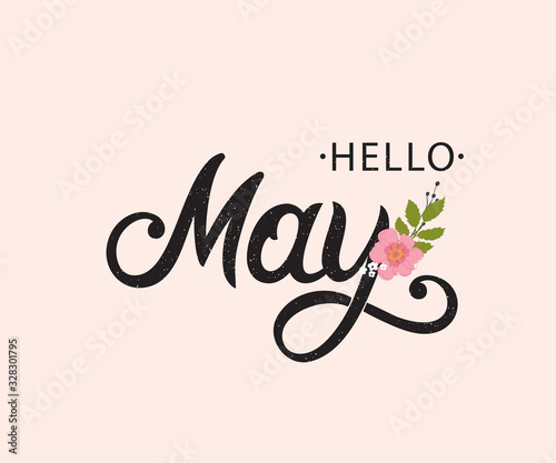 Hello May typography vector design for greeting cards and poster. Hand lettering text isolated on pink background. Design template celebration. Vector illustration.