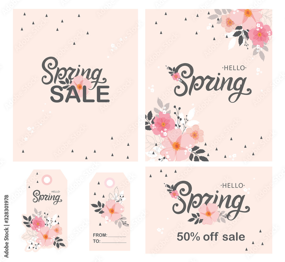 Hello Spring set. Hello Spring typography vector design for greeting cards and poster. Hand lettering text isolated on pink background. Design template celebration. Vector illustration.