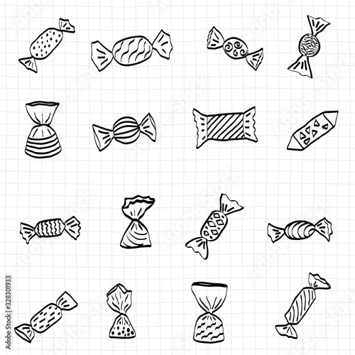 Candy Doodle Icons Set on transparent background. Hand drawn sketch. Vector illustration