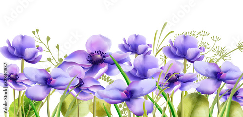 Purple watercolor orchid flowers with green leaves. Wide banner
