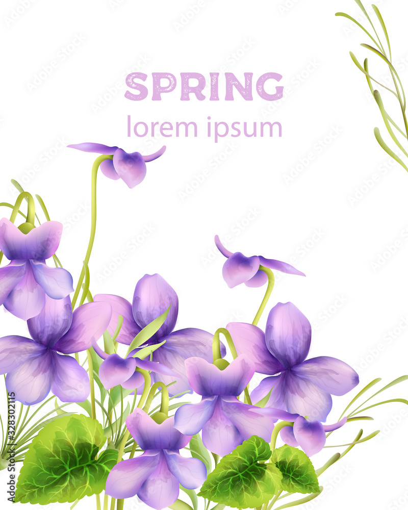 Watercolor spring purple flowers with green leaves
