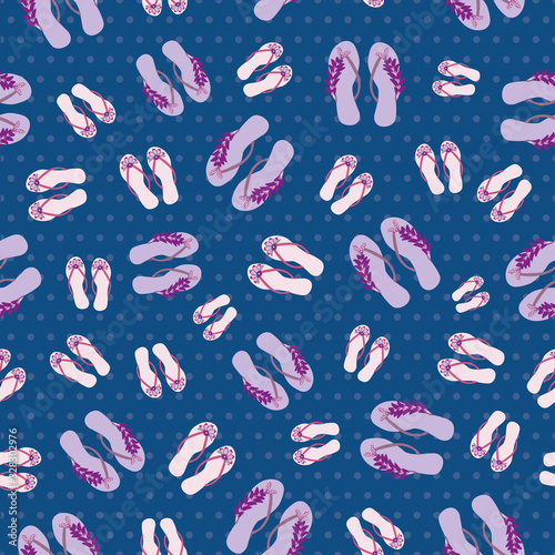 Flip flop shoe on seamless vector pattern background. Elegant sandals with tropical decorations oceanside backdrop. Pink purple and navy blue. Summer all over print for beach wedding resort concept