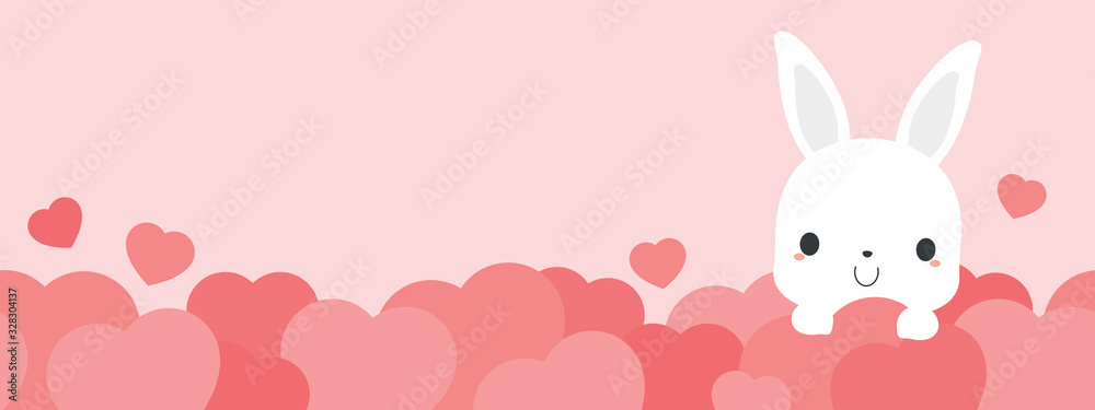 Cute white rabbit on pink heart bottom border with copy space. Perfect for Valentine's day. Flat vector illustration. Cute white rabbit on pink heart bottom border with copy space. Perfect for Valentine's day. Flat vector illustration.