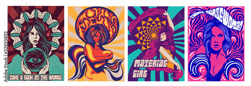 Fototapeta Set of four different covers or poster designs of psychedelic girls in modern stylised style, colored vector illustration