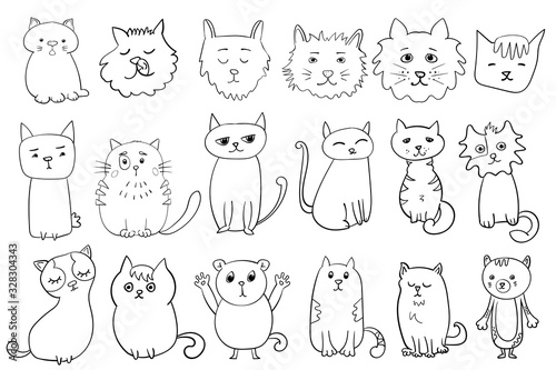 Fluffy Cats. Adorable cats for Birthday, Valentine's Day, Baby shower. Collection of cute characters, Coloring page, Coloring book. Contour.