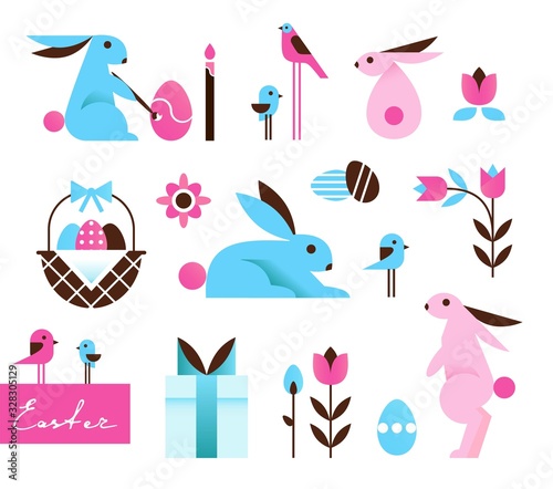Bright Colorful Easter Icons, Main Symbols in Cartoon Geometric Style. Vector Illustration