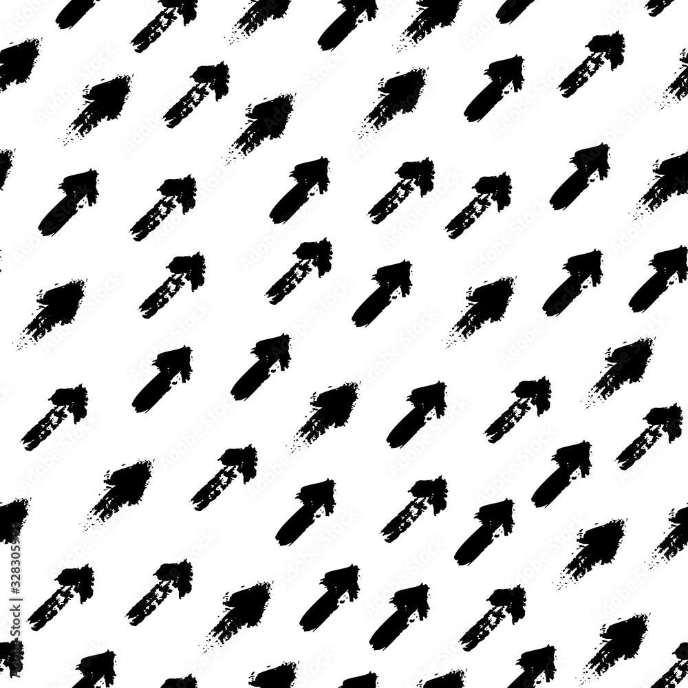Arrows seamless pattern hand drawn with a brush. Vector Monochrome Grunge texture.