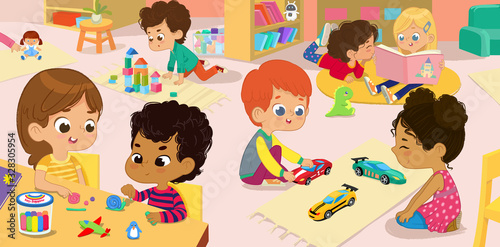 Illustration of the kindergarten class and children's activity in the kindergarten. Multicultural Kids reading books, playing with wooden blocks and toy cars, sculpt clay figures.